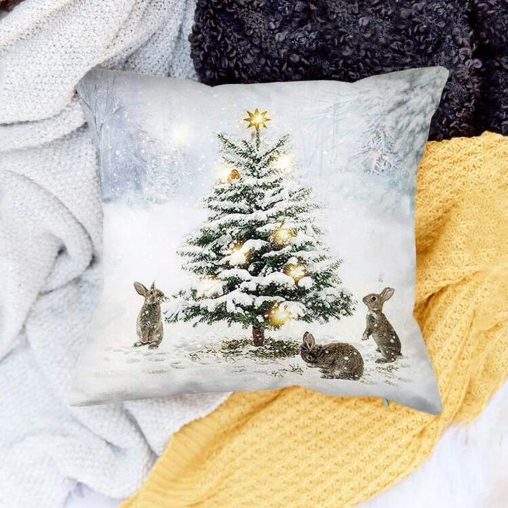 Christmas Tree & 3 Rabbits Holiday Scene White Pillow Cover